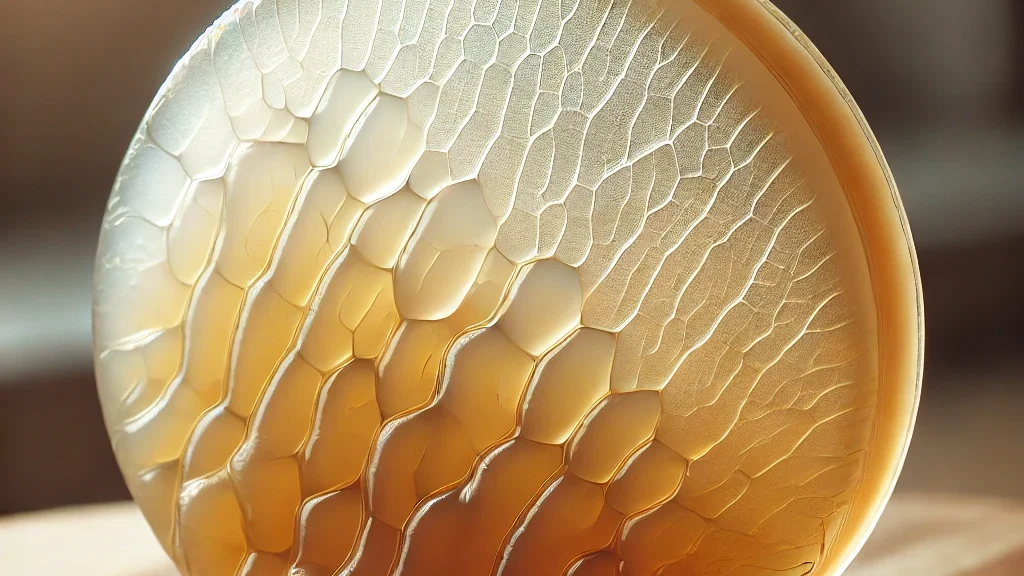 Alt Text: Close-up of a SCOBY bacteria with a textured, jelly-like surface, essential for kombucha fermentation and probiotic benefits.