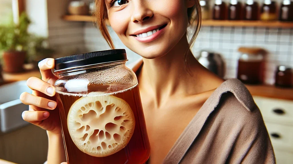 Alt Text: A woman holding a glass jar with SCOBY bacteria inside, showcasing the kombucha fermentation process in a cozy kitchen setting.